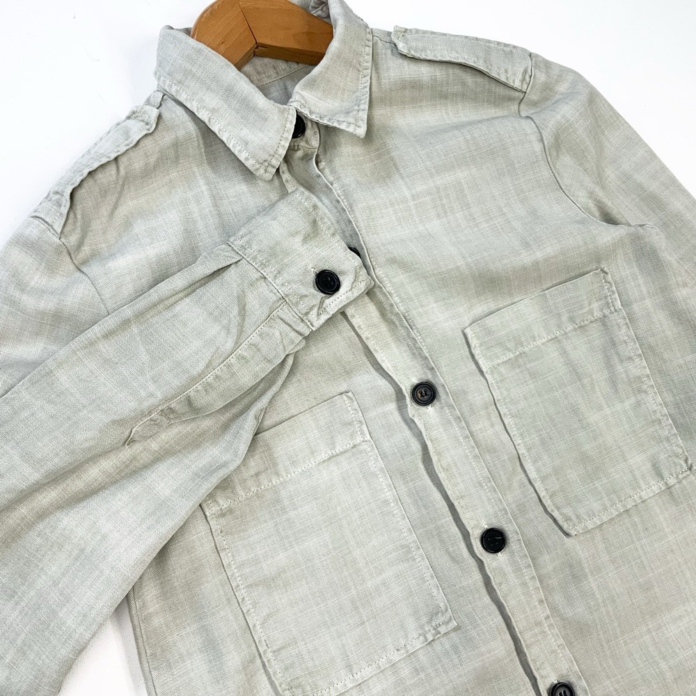 Zara Small S Green Long Button Up‎ Shirt Roll Sleeve Army Shoulder Epaulette